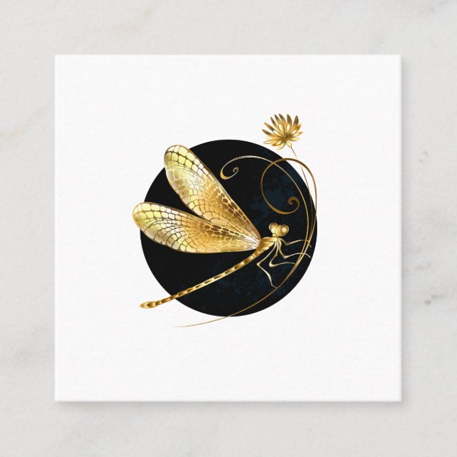 Golden dragonfly in black circle square business card (Front)