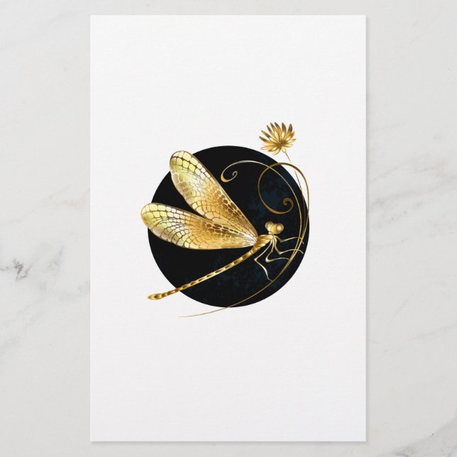Golden dragonfly in black circle stationery (Front)