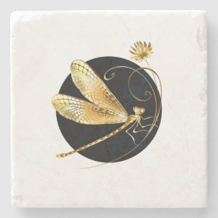 Golden dragonfly in black circle stone coaster