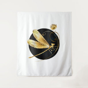 Golden dragonfly in black circle tapestry