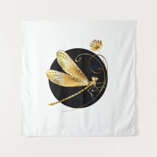 Golden dragonfly in black circle tapestry