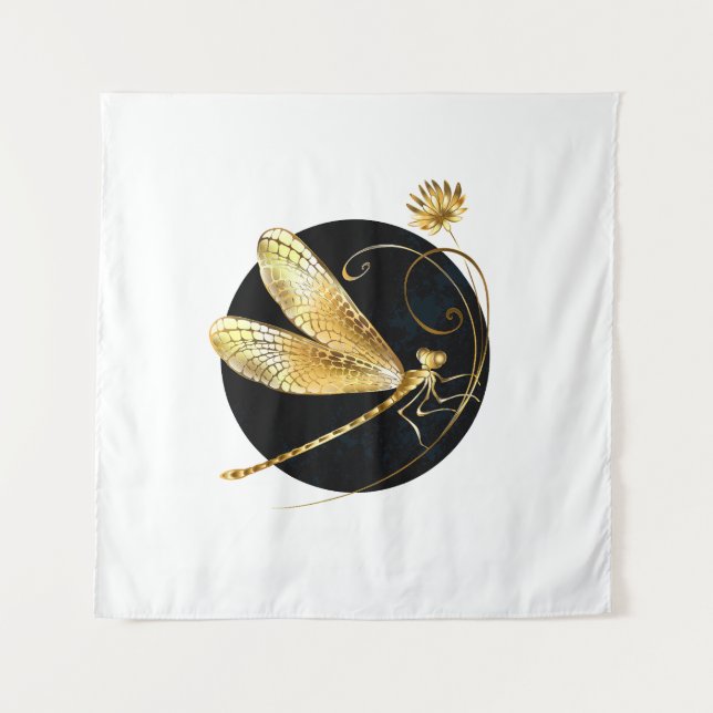 Golden dragonfly in black circle tapestry (Front)