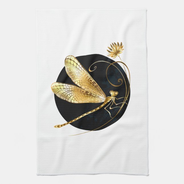 Golden dragonfly in black circle tea towel (Vertical)