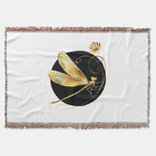 Golden dragonfly in black circle throw blanket