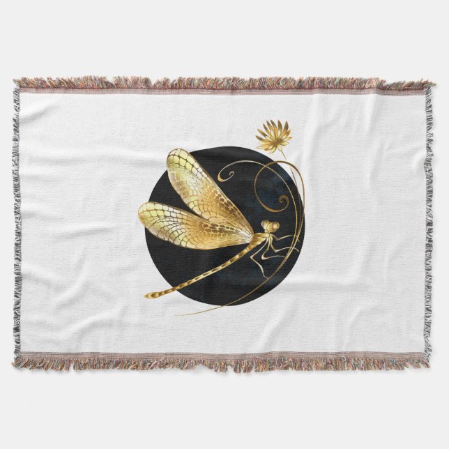 Golden dragonfly in black circle throw blanket (Front)
