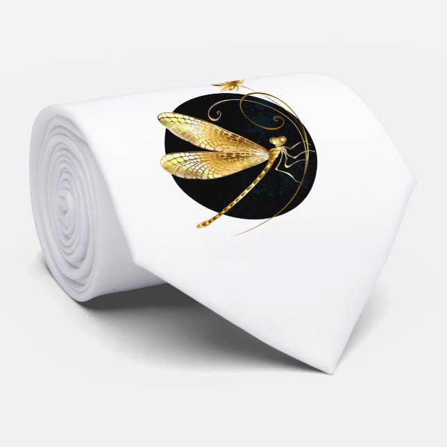 Golden dragonfly in black circle tie (Rolled)