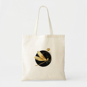 Golden dragonfly in black circle tote bag
