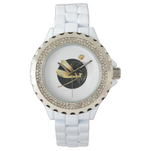 Golden dragonfly in black circle watch