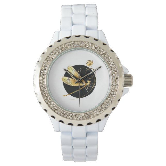 Golden dragonfly in black circle watch (Front)
