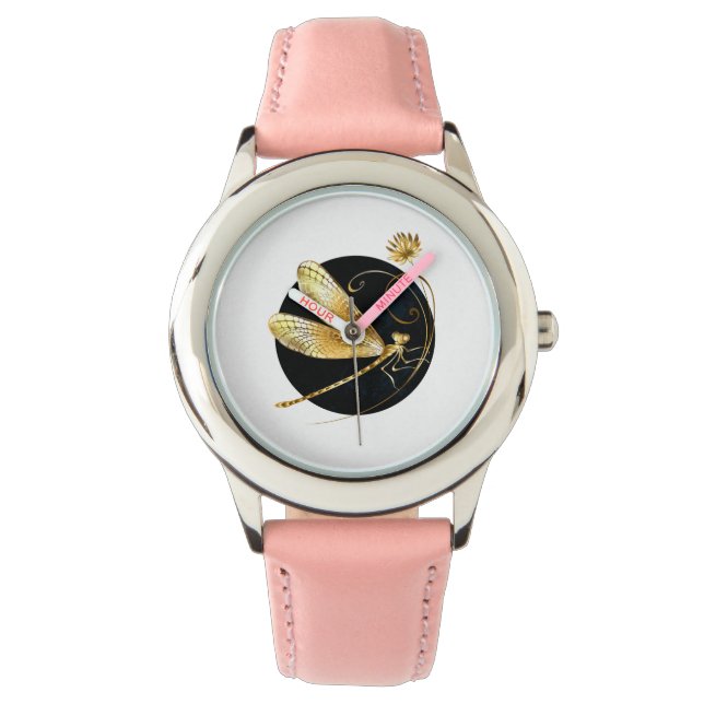Golden dragonfly in black circle watch (Front)