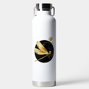 Golden dragonfly in black circle water bottle