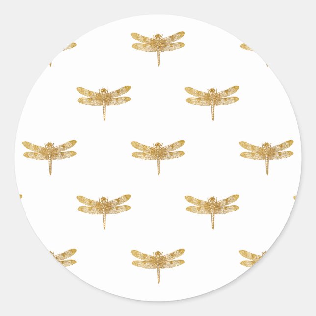 Golden Dragonfly Repeat Gold Metallic Foil Classic Round Sticker (Front)