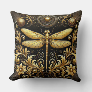Golden Dragonfly Surrounded by Ornate Floral Cushion