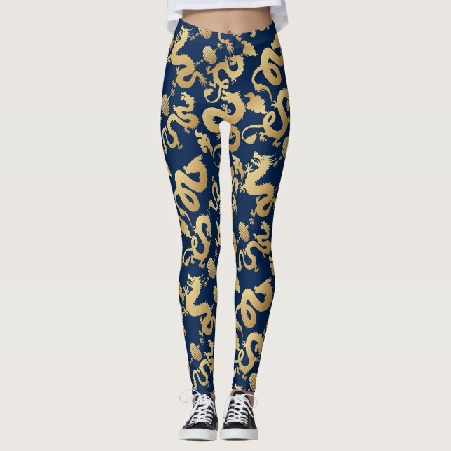 Golden Dragons Pattern D Blue BG Leggings (Front)