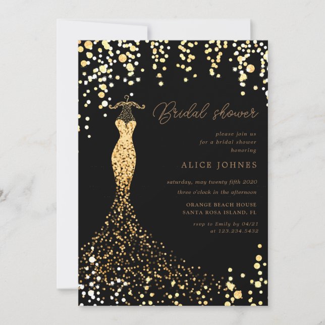 golden dress bridal shower invitation (Front)