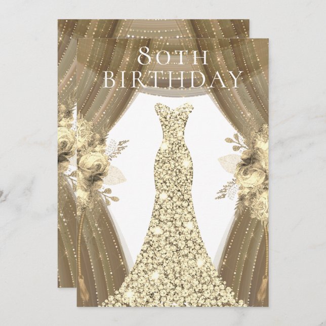 Golden Dress Flowers Elegant 80th Birthday Party Invitation (Front/Back)