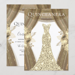 Golden Dress & Flowers Elegant Quinceanera Invitation