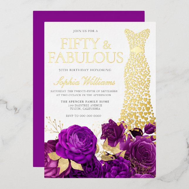Golden Dress Purple Floral 50th Birthday Party (Front/Back)