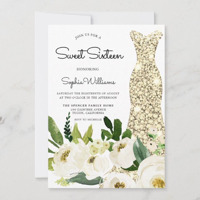 Golden Dress White Flowers Sweet 16 Birthday Party Invitation (Front)
