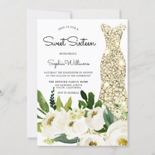 Golden Dress White Flowers Sweet 16 Birthday Party Invitation