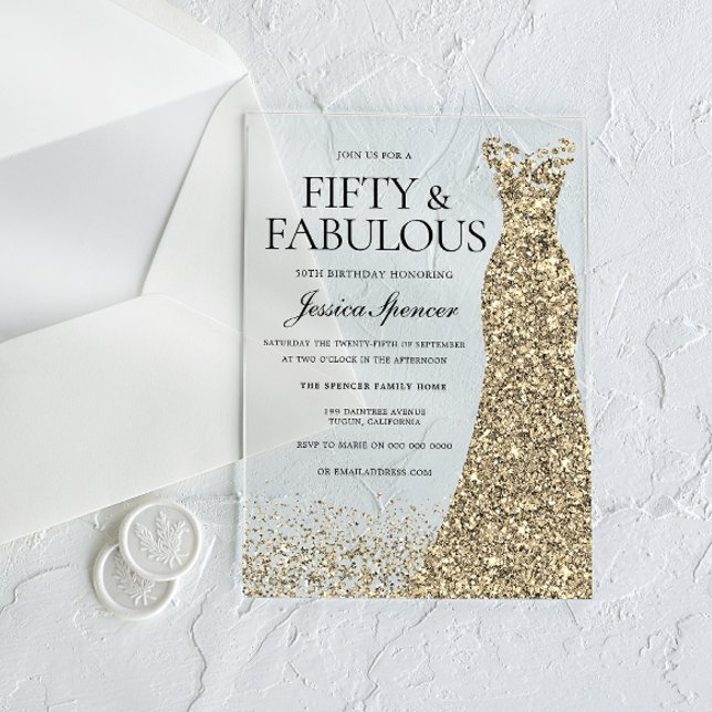 Golden Dress Womans 50th Birthday Party Acrylic Invitations (Creator Uploaded)