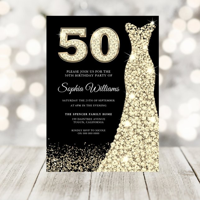 Golden Dress Womans 50th Birthday Party Black Invitation (Creator Uploaded)