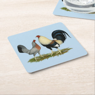 Golden Duckwing Chickens Square Paper Coaster