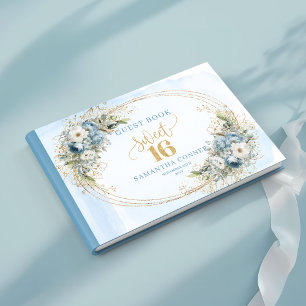 Golden Dusty Blue Botanical Sweet Sixteen Sign In Guest Book