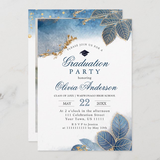 Golden Dusty Blue PHOTO Graduation Party Invitation (Front/Back)