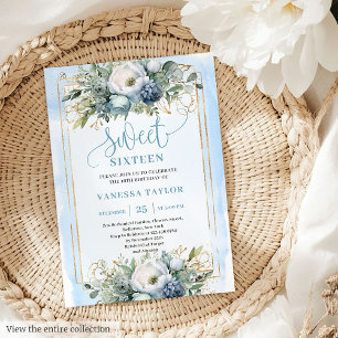 Golden Dusty Blue White Floral Sweet 16 Invitation