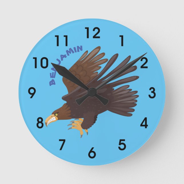 Golden eagle funny cartoon illustration round clock (Front)