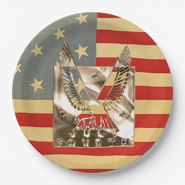 Golden Eagle Grunge American Flag Independence Day Paper Plate (Front)