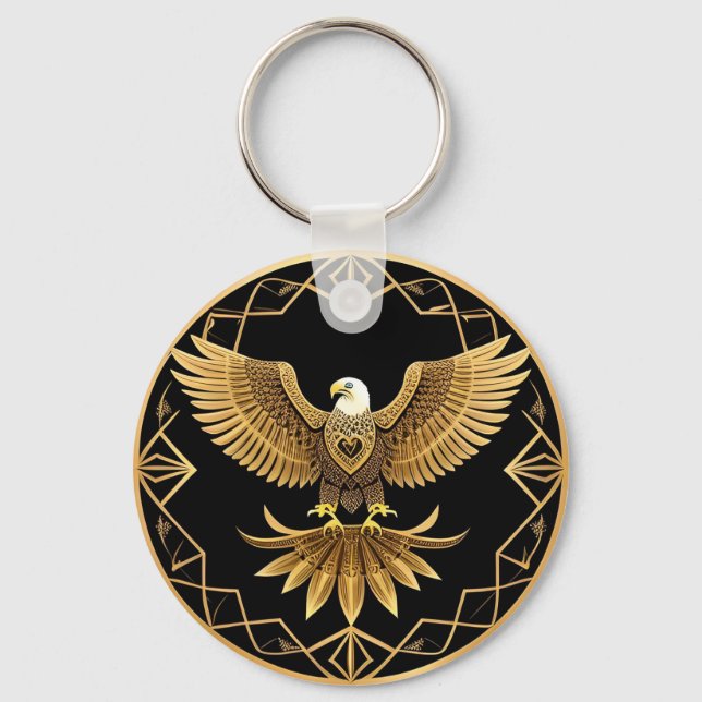 Golden Eagle on Geometric Mandala Key Ring (Front)