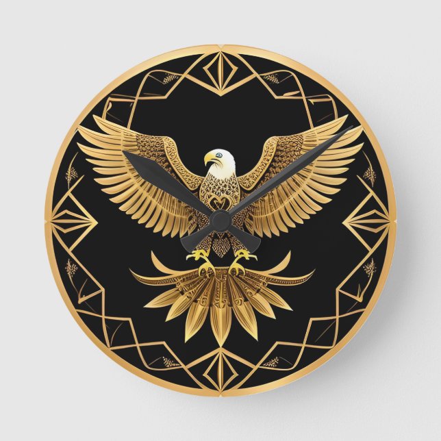 Golden Eagle on Geometric Mandala Round Clock (Front)