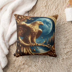 Golden Eagle Perched by Moonlit Lake at Night Cushion