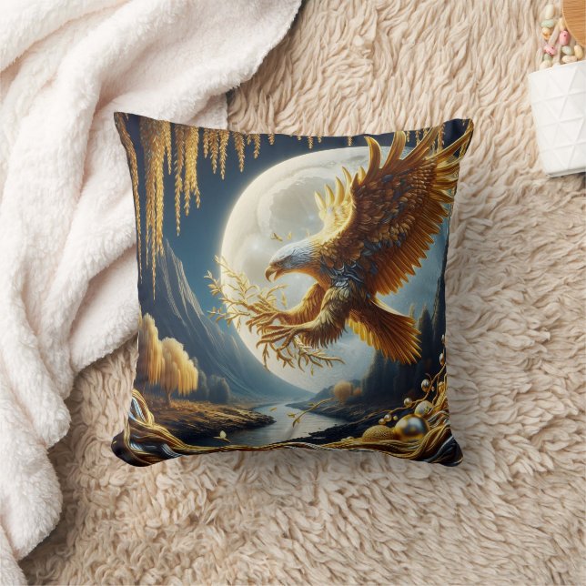 Golden Eagle Perched on Branch at Nighttime Cushion (Blanket)
