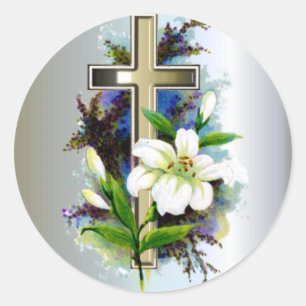 Golden Easter Cross and White Lilly Flowers Classic Round Sticker