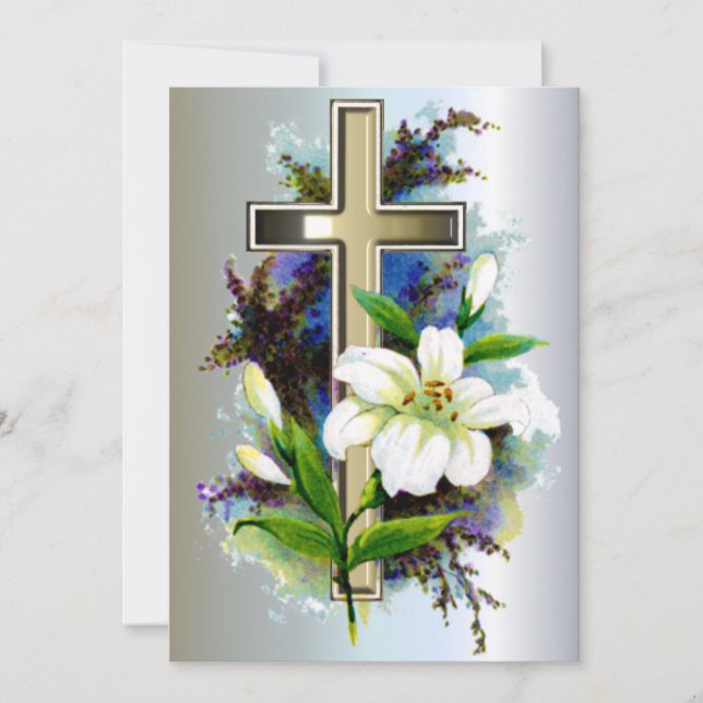 Golden Easter Cross and White Lilly Flowers Holiday Card (Front)
