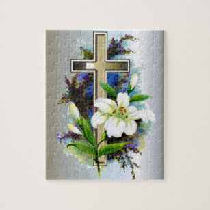 Golden Easter Cross and White Lilly Flowers Jigsaw Puzzle