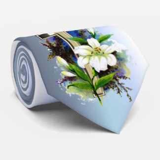 Golden Easter Cross and White Lilly Flowers Tie