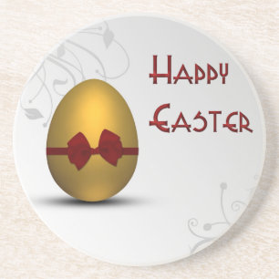 Golden Easter Egg with Bow Floral Swirl Pattern Coaster