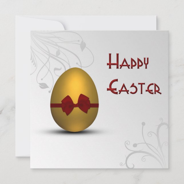 Golden Easter Egg with Bow Floral Swirl Pattern Invitation (Front)