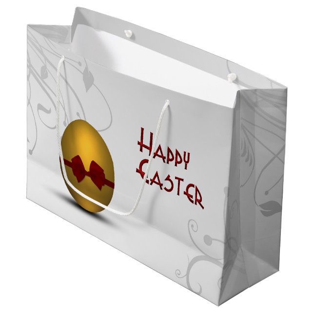 Golden Easter Egg with Bow Floral Swirl Pattern Large Gift Bag (Front Angled)