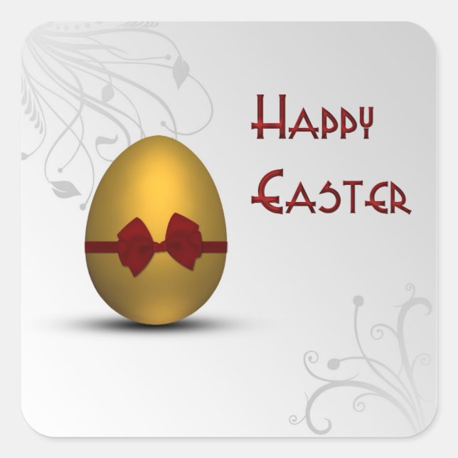 Golden Easter Egg with Bow Floral Swirl Pattern Square Sticker (Front)