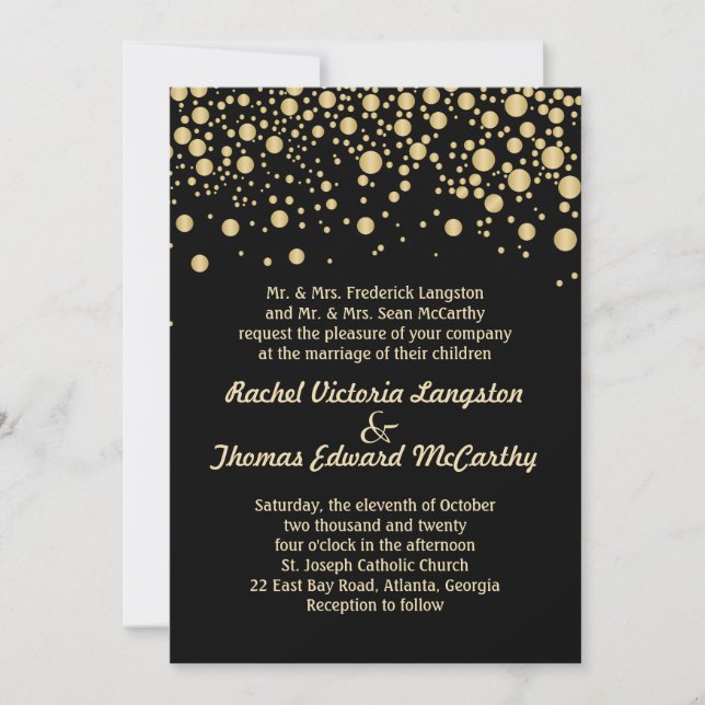 Golden effect confetti on black Wedding Invitation (Front)
