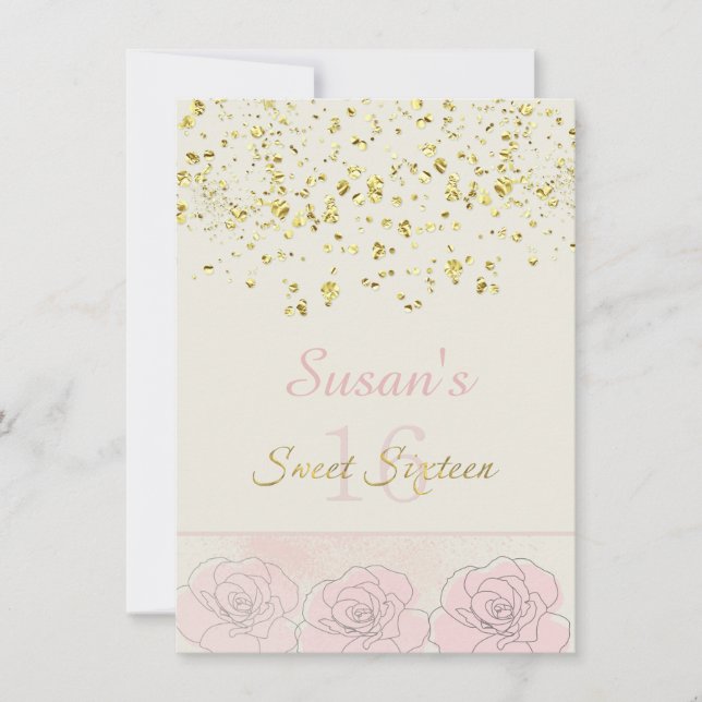 Golden effect confetti, pink roses Sweet 16 Invite (Front)