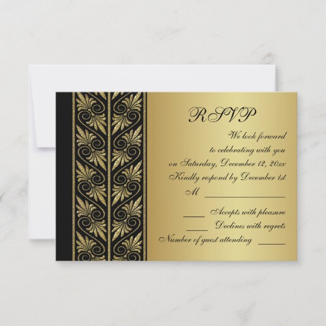 Golden effect damask on black Wedding RSVP Card (Front)