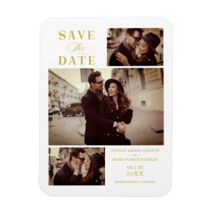 Golden Effect Modern 3 Custom Photos Wedding Magnet
