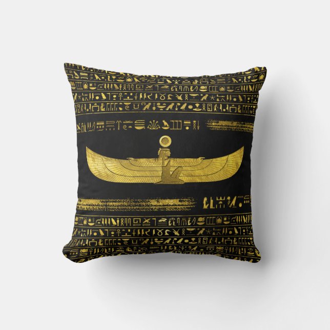 Golden Egyptian God Ornament on black leather Cushion (Front)