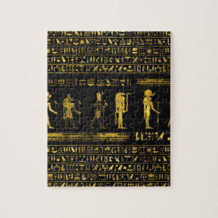 Golden Egyptian Gods and hieroglyphics on leather Jigsaw Puzzle